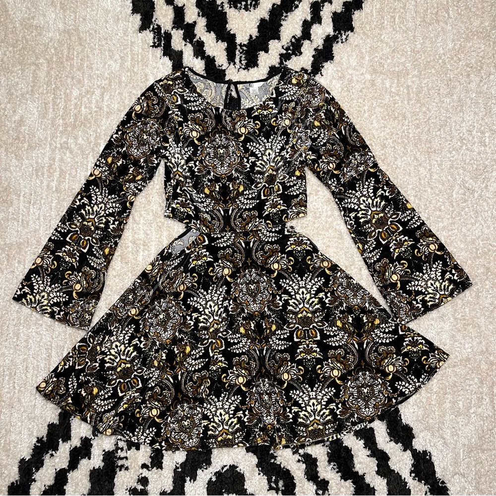 Volcom Velvet Paisley Cut Out Bell Sleeve Flare Dress